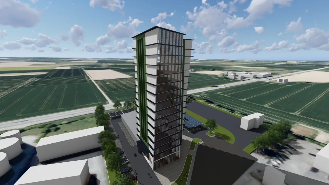 Lippe-Tower Luftaufnahme – 16 Stockwerke Gewerbegebäude in Geseke-Langeneicke umgeben von Feldern
